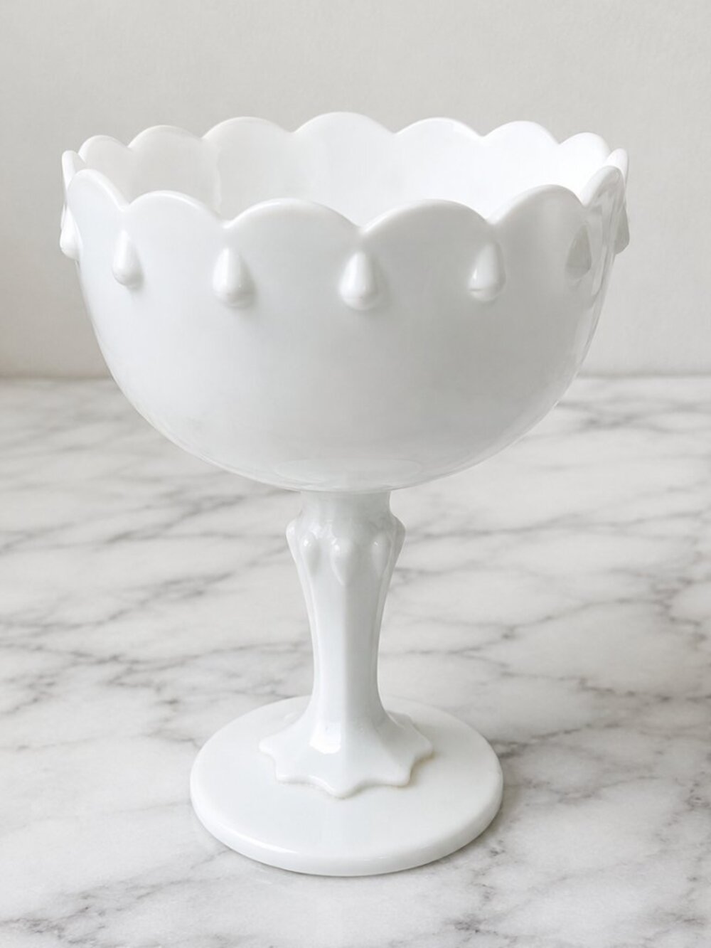 Vintage White Milk Indiana Glass Pedestal Compote Bowl Scalloped Rim Teardrop